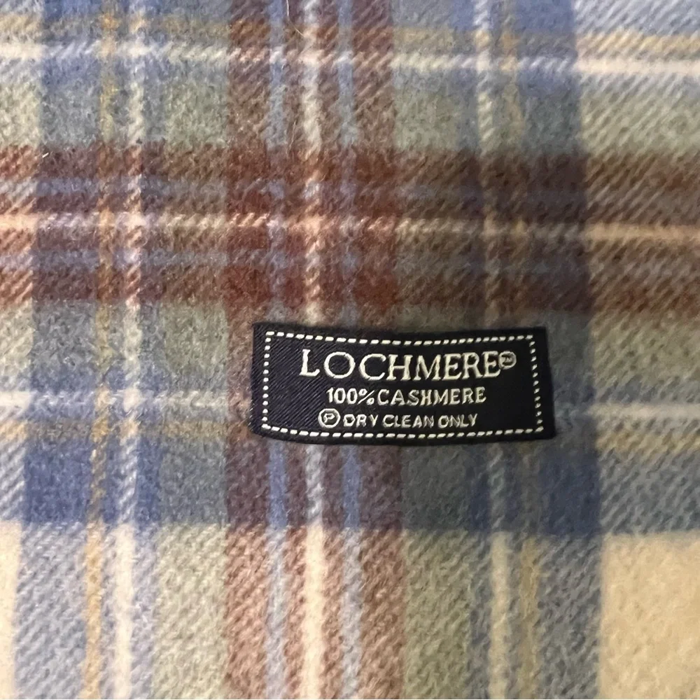 100% CASHMERE Plaid Fringe Scarf Blue Cream Brown Soft Luxe Winter Wrap EUC 2481